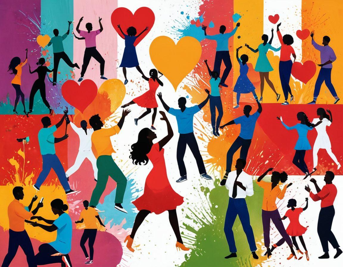 A vibrant collage showcasing diverse couples engaged in various artistic activities, such as painting, dancing, and playing music together. The background features a blend of colorful art styles representing different cultures, symbolizing the beauty of interracial dating. Include elements that highlight creativity, love, and connection, such as hearts and paint splashes. The overall atmosphere should be warm and inviting, celebrating unity in diversity. super-realistic. vibrant colors. white background.