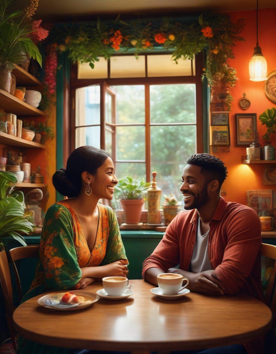 A heartfelt scene depicting a diverse couple sitting together in a cozy coffee shop, sharing smiles and laughter. Surrounding them are cultural elements representing their heritages, like traditional artwork and food items. A warm, inviting atmosphere with soft lighting and greenery outside the window to symbolize growth and harmony in love. colorful and joyful details, reflecting the beauty of interracial relationships. vibrant colors. super-realistic.