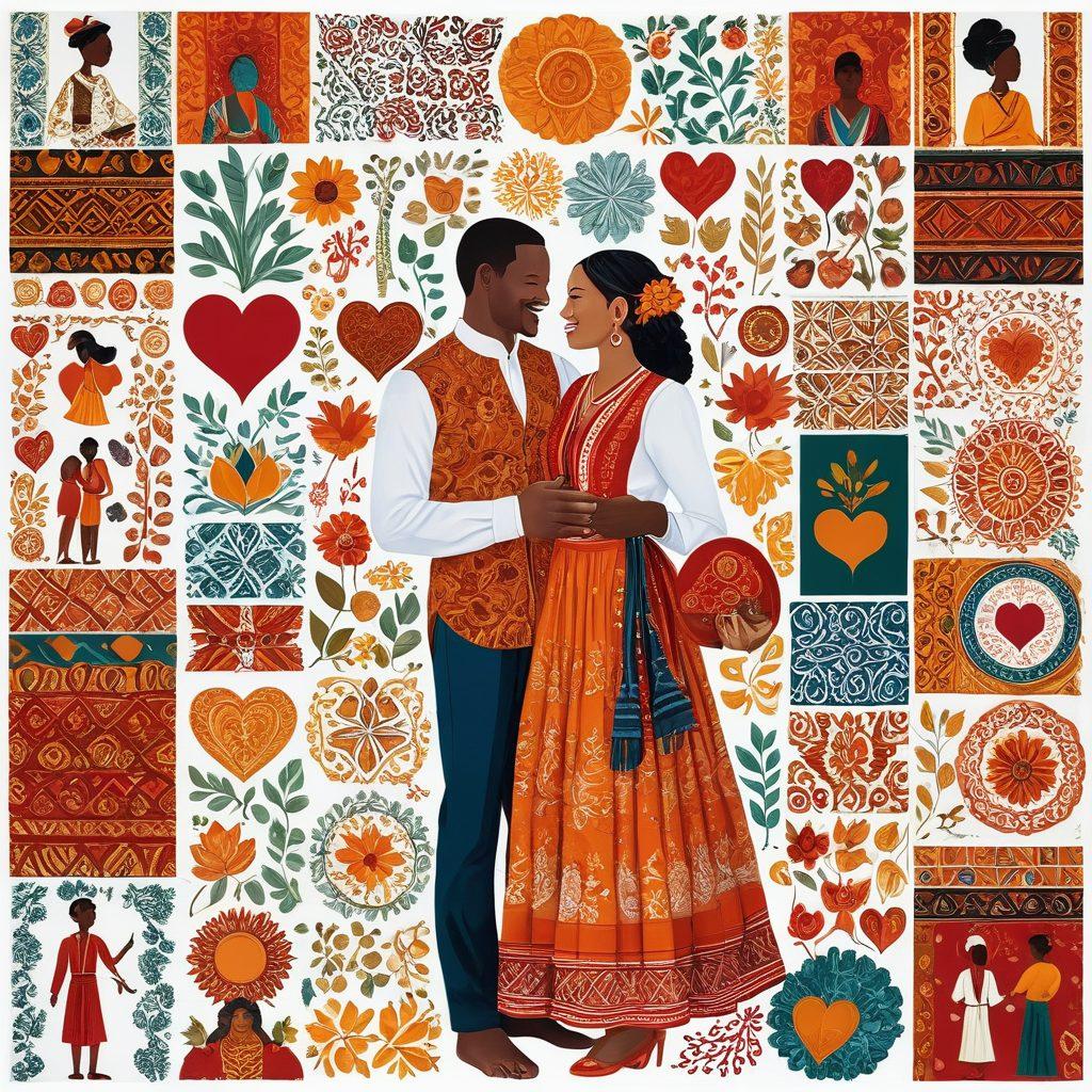 A vibrant collage of interracial couples from diverse ethnic backgrounds, each couple sharing their unique personal stories, depicted in various cultural settings. Elements like traditional attire, symbols of love, and shared experiences are intertwined within the design, showcasing unity and celebration of diversity. Bright, welcoming colors convey warmth and connection. super-realistic. vibrant colors. white background.
